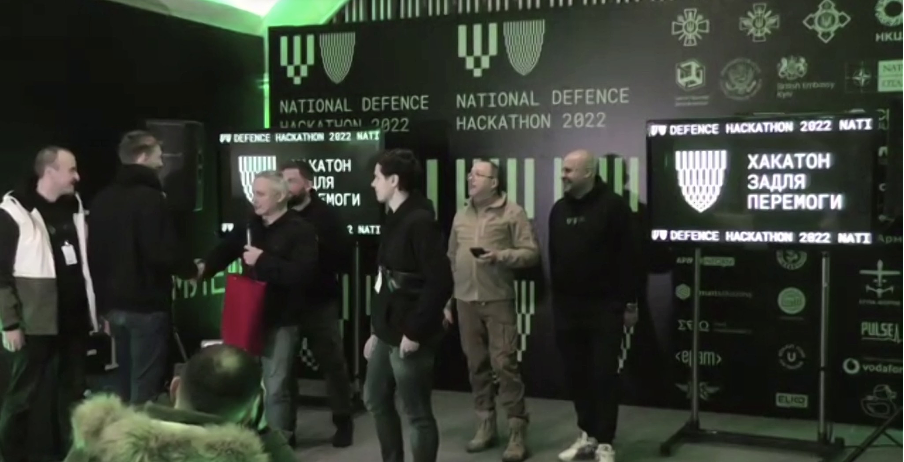 The award ceremony at the National Defence Hackathon 2022 held at the closed subway station in Kyiv